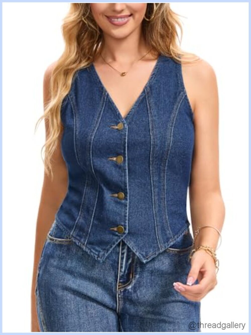 V Neck Sleeveless Denim Vest with Adjustable Buckle Back, Crop Western Waistcoat